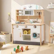 CostwayKids Wooden Kitchen Playset with Microwave & Washing Machine for Aged 3-10 Years Old