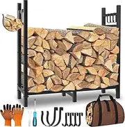 Firewood Rack Outdoor Indoor Holder with Log Carrier, Metal Heavy Duty Log Stand Stacker Holder with Kindling Hooks, Adjustable Stand Organizer Fire Wood Carrier Pads for Firewood Storage Fireplace