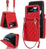 for Samsung Galaxy Z Flip 6 5 4 3 Case Multicolor Matte Plain Leather Zipper Card Bag,red,for Galaxy Z Flip 5