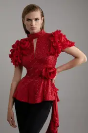 Crystal Applique Woven Peplum Top