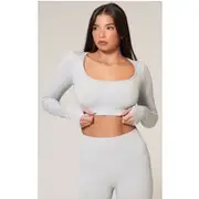 Grey Marl Seamless Square Neck Long Sleeve Gym Top, Grey