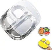 DOTOTO Stainless Steel Kids Plates, Divided Kids Dinnerware with Dust Cover and Suction Cup, Portion Control Platter with 3-Compartment, for Camping, Lunch and Dinner (3)