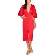 Aidan Mattox Womens Red Plunging Midi Party Sheath Dress 6 BHFO 7403