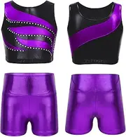 [iiniim] Kids Girls Tracksuit Athletic Crop Top and Shorts Set Dance Workout Clothing Sets Activewear for Gymnastics