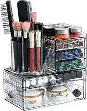 SYAMEET 2-in-1 Acrylic Cosmetic Organiser with Rotating Brush Holder – Makeup Storage Box with Drawers for Vanity, Bathroom, or Dorm, Skincare & Beauty Supplies Holder