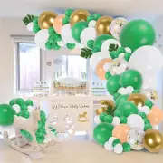 129pcs Green Balloon Garland Arch Kit, Gold and White Cofetti Balloon with Plam