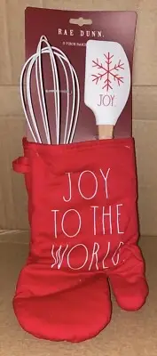 Rae Dunn Christmas 3 Piece Baking Set Oven Mitt Whisk Spatula JoY NEW!