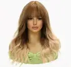 Wig - Human Hair Blend - Brown Blonde Ombre Balayage - Layers Bangs Natural Heat