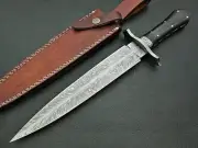 Custom Handmade Damascus Steel Feather Pattern Dagger Bowie Knife with Sheath