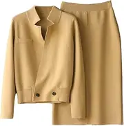 [keusyoi] Office Lady Skirts Sets Solid Autumn Winter Two Piece Sets Womens Outifits Work Skirt Sets