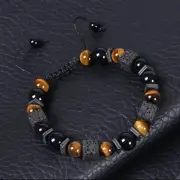 Brown Tiger's Eye Black Obsidian Square Lava Rock Natural Stone Beaded Bracelet