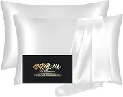 DKBslik Silk Pillowcase 2 Pack Mulberry Pillowcases Standard Set of 2 Health SoftSmooth Anti Acne Beauty Sleep Both Sides Natural Satin Pillow Cases for Women Pack with Zipper Gift White White-2pcs