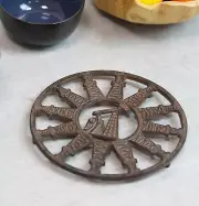 Rustic Round Pumpjack Cutout With Oil Derrick Towers Border Cast Iron Trivet