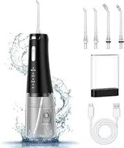 Cordless Water Dental Flosser Teeth Cleaner, 300ML Portable and USB Rechargeable Dental Oral Irrigator, Power Dental Flossers with 4-Modes 4 Jet Tips, IPX7 Waterproof Irrigate for Oral Care