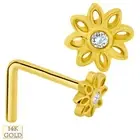 14k Solid Yellow Gold Hollow Flower Design Round Clear Zircon L-Shape Nose Ring