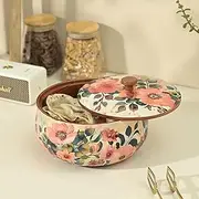 Brick Brown Handcrafted Enamel Coated Wooden Pastel Flora Roti Box | Chapati Box for Kitchen | Hot Pot Casserole for Server Tableware Serving | Case Dabba With Lid (8.5 8.5 5.5 Inch)