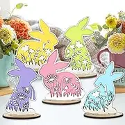 5Pcs Easter Bunny Wooden Table Signs Pastel Floral Rabbit Tabletop Centerpiece Tiered Tray Decor for Spring Home Office Party Favors Supplies