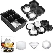Ice Cube Trays, Silicone Ice Cube Molds for Freezer with Lid, 6 Ball Ice Cube Tray, 4 Diamond & 6-Ice Trays, Reusable Whiskey Ice Mold, DIY, BPA Free, Freezer