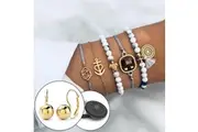 Boxed Bohemian Multi Layered Charm Bead Bracelet and Stud Gold Plated Earrings Set - White