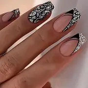 French False Nails Sequin Glitter Press on Nails Artificial Reusable Stick on Nails Square Short Fake Nails 24pcs for Women and Girls