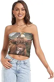[RPLIFE] Funny Highland Cow Duck Women Tube Top Strapless Crop Top, Sheer Tube Tops, Tube Tops Summer (S)