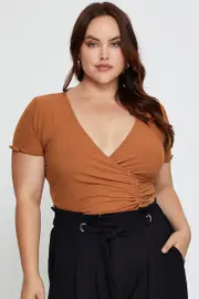 Brown Hem T-shirt Drawstring Jersey Wrap Front Lettuce