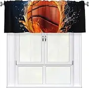 Basketball on Fire and Water Flame Splashing Valances for Windows, Rod Pocket Window Treatment Drapes Farmhouse Kitchen Curtains Short Blackout Window Curtains for Living Room Bedroom Decor 54x18 Inch