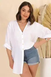 Beachly Shirt - Folded Collar Button Down Relaxed Shirt In White