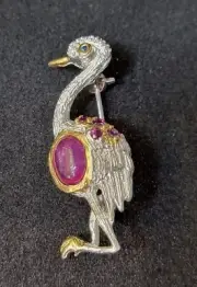 Heron Bird Ruby925 Sterling Silver Brooch Jewelry 2389