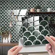 Tiles Wall Stickers Tile Stickers Dark Green White Stick on Tiles PVC Tile Stickers for Kitchen Heat Resistant Waterproof Self Adhesive Wall Tiles Peel and Stick Wallpaper Stair Stickers Sel