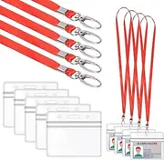 Cimeton 25 Sets Red Flat Neck Lanyards with Clear ID Holder, Clear Plastic Horizontal Name Tags Badge ID Card Holders and Lanyards with Swivel Hook for Office School Key Bus Pass