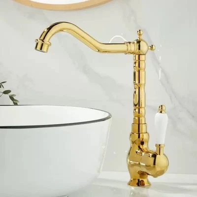 Gold Brass 360°Swivel Basin Taps Mixer Kitchen Faucet Ceramic Handle WELS