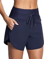 [ISEEGZ] Womens 5.5" Swim Shorts High Waisted Board Shorts with Pockets Quick Dry UPF 50+ Beach Shorts with Liner