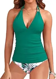 [Yonique] Womens Halter Tankini Swimsuits V Neck Tankini Tops with Bikini Bottom Two Piece Tummy Control Bathing Suits