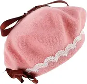 [TOGEVAL] Pink Wool Beret Hat: Lady French Beret Hat with Lace Bowknot Japanese Style for Women Girls Comfortable Fit for Spring Autumn and