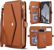 XIMAND Detachable 2-in-1 Case for Google Pixel 8 - Wallet Cover with Card Slots, RFID Blocking, Compatible with Magsafe Charging and Car Mount, Wrist & Crossbody Strap.(Brown)
