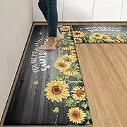 Arttown Anti-Fatigue Kitchen Rug Set of 2 Yellow Sunflower Black Grey Wooden Cushioned Floor Mat, Standing Waterproof Non-Slip Mat and PVC Ergonomic Comfort Foam Rug for Kitchen