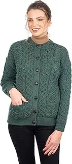 [SAOL] Women 100% Merino Wool Sweater Irish Aran Jacket Cardigan