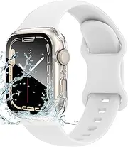 3 in 1 Waterproof Case for Apple Watch Band with PC Hard Full Wrapped Waterproof Cover Built-in 9H Tempered Glass Screen Protector for iWatch Series 7/8 / 9 Silicone Strap