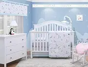 OptimaBaby 5-Piece Baby Crib Bedding Set - Crib Quilt, Skirt, Fitted Sheet, Window Valance, Accent Pillow - Baby Boy, Girl Room Nursery Decor and Bedding Ensemble - Cute Penguin