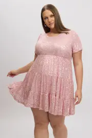 Pink Sequin Tiered Swing Dress