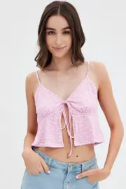 Pink Floral Tie Front Top - Size XS, Women's Top