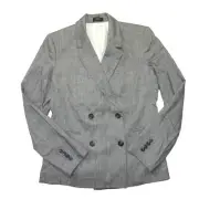 NWT Theory Double-Breasted Blazer in Black Ivory Sharkskin Crunch Linen 12