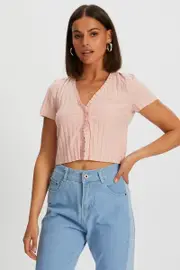 Pink Ribbed Open Front Top - Size M, Women's Tshirt Semi Crop