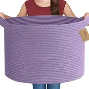 Purple Rope Storage Basket, 22" X 14" Large Woven Baskets, Jumbo Floor Bin for Throw Blankets Pillows, Baby Laundry Basket, Dirty Clothes Organizer, Big Storage Bin for Toys, Towels