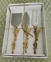 Elegance #70016 - 3 Pcs Stainless Cheese Knives Golden Handle Slicers & Fork NEW
