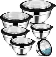 TeamFar Mixing Bowls, 4.6/3.5/2/1.5/1/0.7 QT Stainless Steel Metal Nesting Salad Bowls with Airtight Lids, For Mixing Serving Prepping, Healthy & Heavy Duty, Non-Slip & Visible, Black, Set of 6