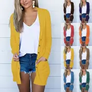 Womens Long Sleeve Cardigan Tops Blouse Ladies Button Up Loose Coat with Pockets