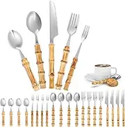 20Pcs Natural Bamboo Handle Tableware Western Cake Dessert Spoon and Fork Set，Bamboo Silverware Set，Bamboo Spoon Fork Set