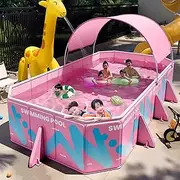 Foldable Non-Inflatable Outdoor Pink Swimming Pool Full-Sized Durable Thickened Above Ground Family Pool with Sturdy Support/Awning for Backyard Beach(2.2m/7ft)